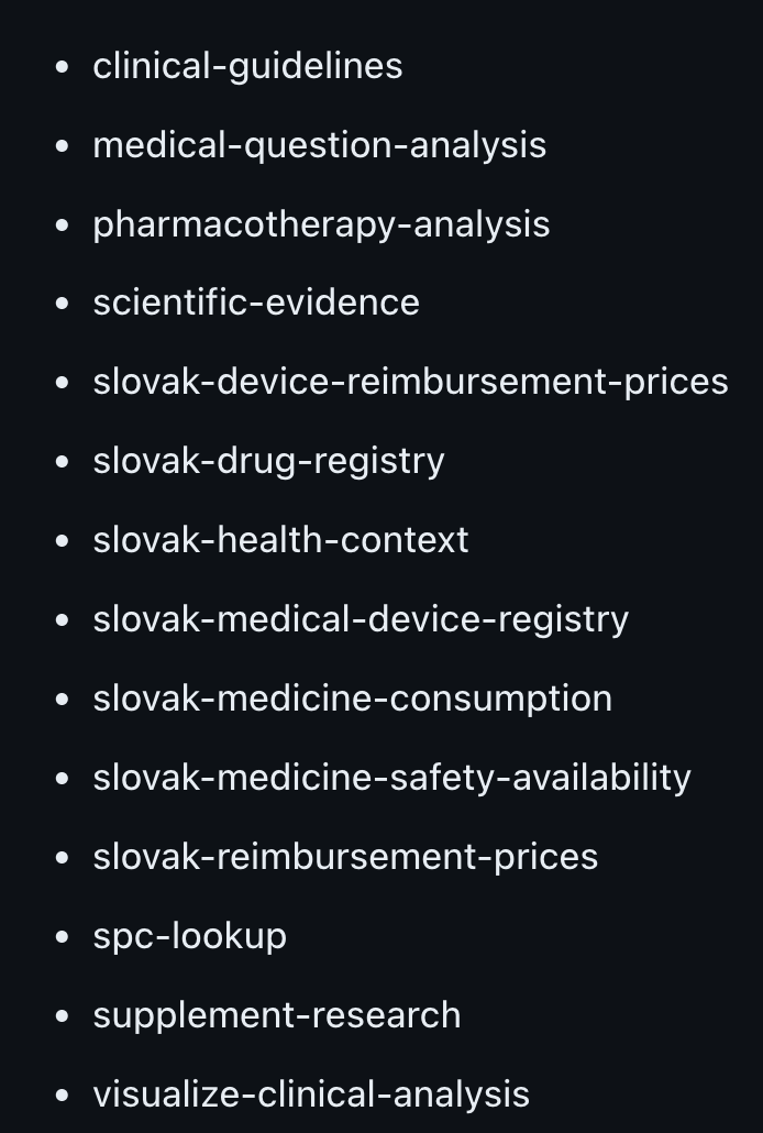 Zoznam „skillov“ projektu ai-pharmacist